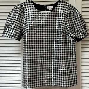J. Crew Metallic Cotton Gingham Check Short Sleeve Blouse Silver Black